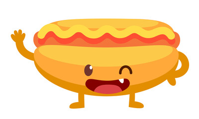 Hot dog bun in a cartoon character. Fast food or junk food cartoon.