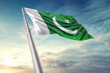 Pakistan national flag waving in beautiful clouds. 23 march  14 August Poster - obrazy, fototapety, plakaty