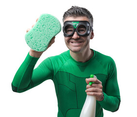 Superhero cleaning with sponge and detergent