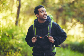 Asian man, backpacker or hiking in nature forest, trekking woods or Japanese trees in adventure...