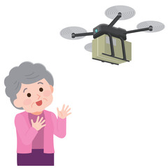 Obraz premium 宅配便を届ける運搬ドローン 助かる高齢女性 イラスト