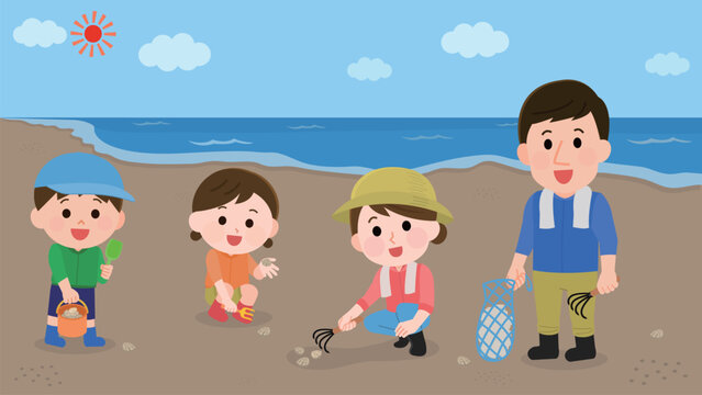 潮干狩りを楽しむ家族　海と砂浜の背景　イラスト