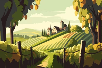 Fotobehang Italian vineyard, beautiful view from the hill, 2d vector drawing, 2d flat vector illustration. © Viktor