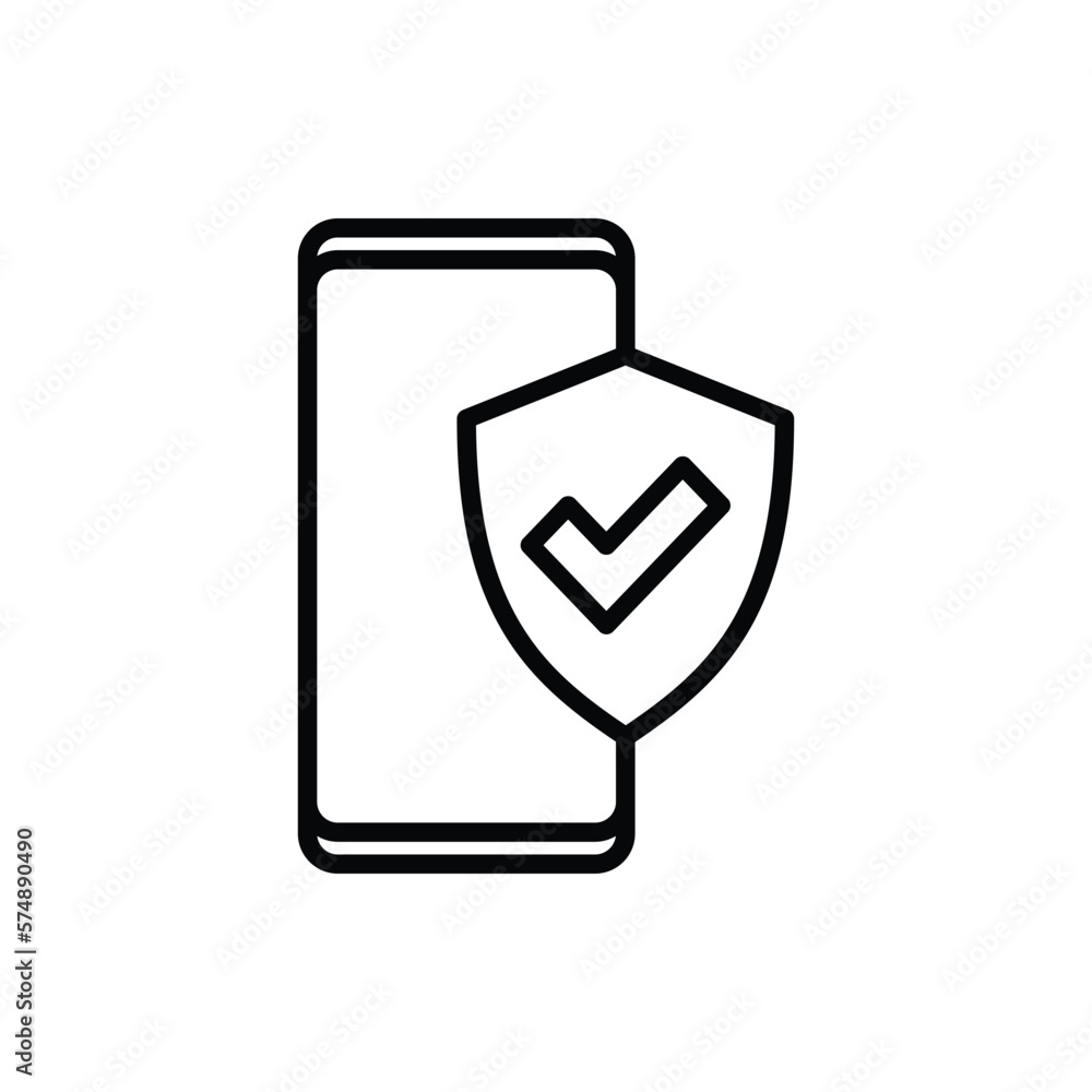 Poster safety confirmed: smartphone is protected by shield with check mark. thin line icon. modern vector i