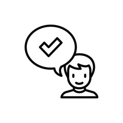 Approved thin line icon. Man and speech bubble with check mark. Accepted, confirmed. Modern vector illustration.