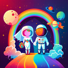 Naklejka premium wedding ceremony in astronaut costume, on the moon, milkyway and rainbow background, cartoon style, generative ai