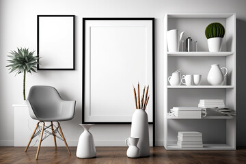 White mock-up poster frame, vases, books, wooden stools, mug, and stylish home décor. Template. Generative AI