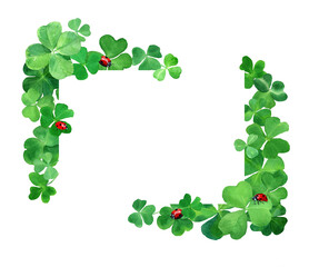 Watercolor drawn clover border with ladybugs. Botany frame Illustration with green clover grass and red bugs. Saint Patrick day background. Design for Ireland season holiday. Just add text.