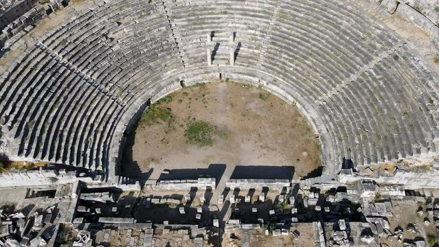 View of historical ruins, columns, ancient theater and temples in the ancient city of Miletus.