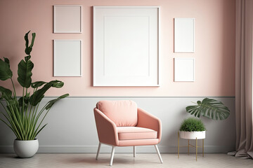 Fototapeta premium Single-Frame Exhibition Monochrome flat room with a light pink and pinkish orange wall, a solitary chair, plants, and a mock-up room for a poster. Generative AI