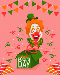 flat design april fools day harlequin coming out from a box