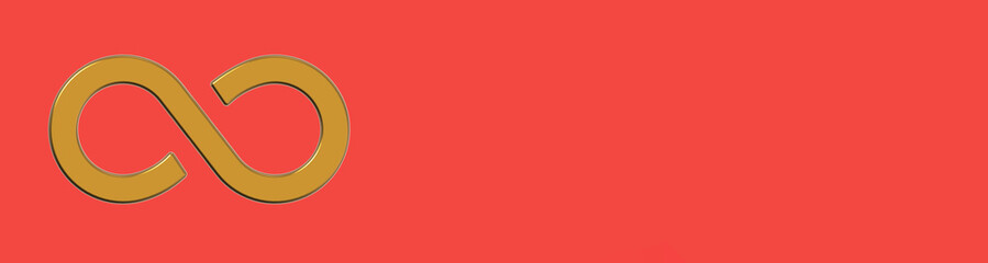 The sign of infinity is golden, isolated on a red background. Symbol of infinity. Horizontal image. 3D image. 3D rendering. Banner for insertion into site.