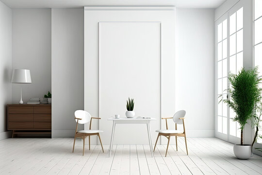 Front view of a light studio room interior with a dining table, seats, armchairs, hardwood floors, a partition, and an empty white poster. minimalist design principle. a mockup. Generative AI