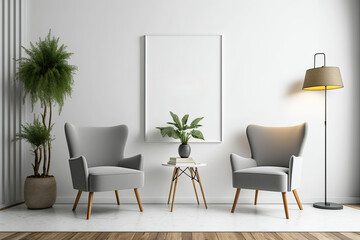 Living room design includes mockup of an empty wall, two wooden chairs on a white background, and illustration. Generative AI
