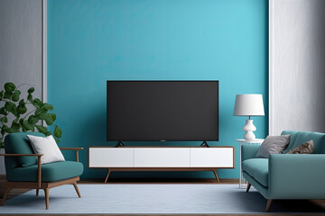 The living area has a blank smart TV mockup on a blue wall. Generative AI