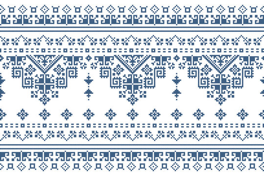 Zmijanjski vez embroidery style vector long horizontal seamless pattern - textile or fabric print ispired by cross-stitch folk art designs from Bosnia and Herzegovina 
