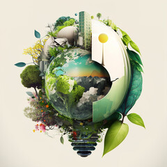 Collage green energy plant in a bulb eco system concept. Generative AI