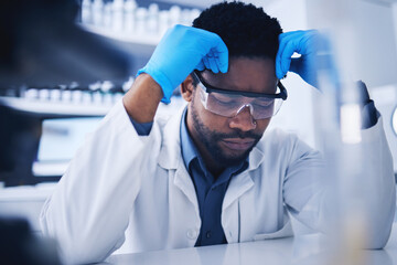 Tired, stress and scientist black man with a fail research in a lab or laboratory frustrated and...