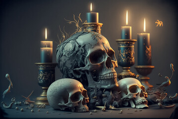 Decorated Skulls Surrounded by Candles and Magic. Generative AI. - obrazy, fototapety, plakaty