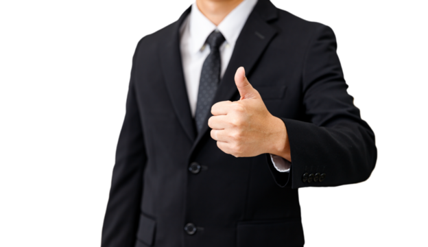 Business man in black suit thumbs up with transparent background, PNG