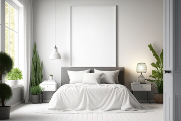 Contemporary bedroom with blank white banner. Lifestyle design. Mockup,. Generative AI
