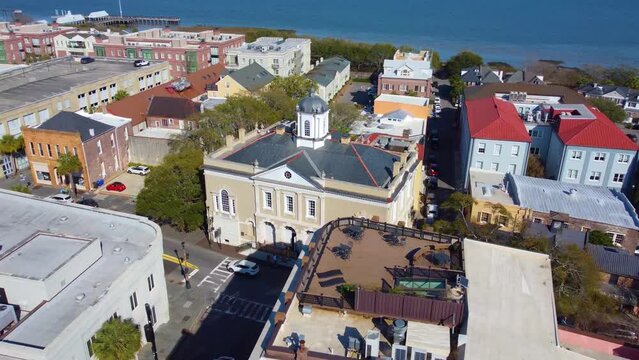 A drone shot of the Old Exchange and Provost Dungeon.