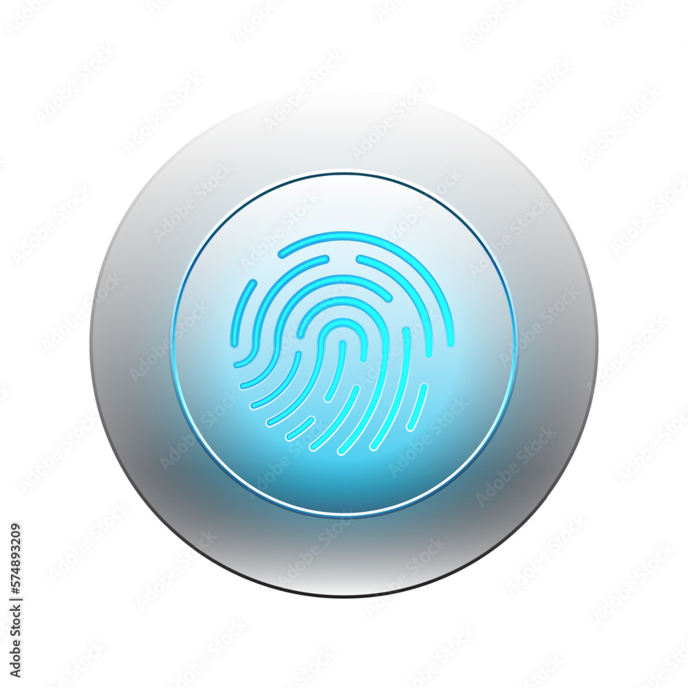 Poster fingerprint scanner icon and round button with metallic background.vector illustration