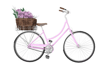 Pink folding bicycle with gift box on white background.Design for elements decoration.