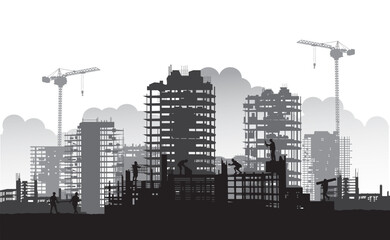 Building construction site with a tower crane and engineer and workers.Vector illustration
