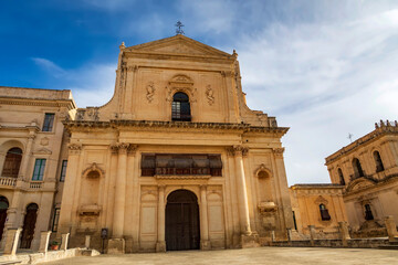 Scenic view in Noto, with San Salvatore Church and Santa Chiara Church. Province of Siracusa, Sicily, Italy.