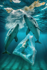 Naklejka premium Underwater view of a dolphin and the plastic garbage in the ocean,Generative AI illustration