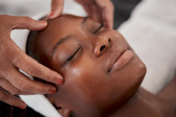 Obraz na płótnie Canvas Black woman, relax face and luxury spa massage of a young female ready for facial. Skincare, beauty and wellness clinic with client feeling calm and zen from cosmetic chemical peel treatment