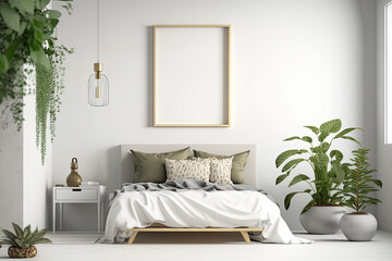 bedroom background with Boho-Scandinavian poster frame,. Generative AI