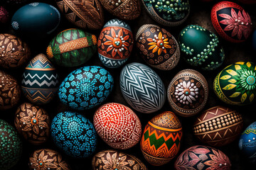 Fototapeta na wymiar Up Close and Personal with Beautifully Painted Easter Eggs in Floral Motifs - Generative Ai