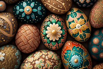 Up Close and Personal with Beautifully Painted Easter Eggs in Floral Motifs - Generative Ai
