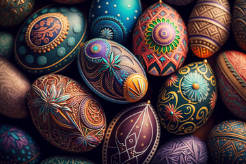 Easter Eggs Adorned with Intricate Floral Patterns in Close-Up View - Generative Ai