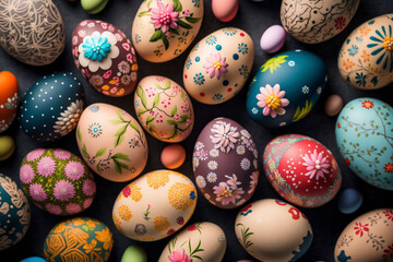 Fototapeta na wymiar Up Close and Personal with Beautifully Painted Easter Eggs in Floral Motifs - Generative Ai