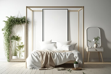 Scandinavian-style poster mockup bedroom. Generative AI