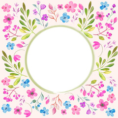 Watercolor floral round frame with  painted flowers and leaves. Hand drawn illustration isolated on pastel. Design for invitation, wedding or greeting cards. 