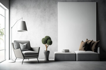 Mockup wall poster of space in a modern, grey villa living room with concrete floors and a lamp-shaded armchair. Relaxation idea. Generative AI