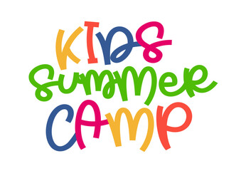 Kids summer, art camp. Summer kids camp template poster, flyer, banner design. Kids fun vector colorfull illustration. Hand drawn typography text. Summer camp logo for print design.