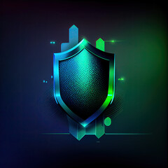 Fototapeta premium An illustration of a cyber security concept, with a metal shield colored in gradient blue and green colors, representing protection, strength, and technology