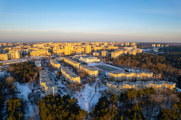 Fototapeta premium Aerial beautiful winter morning view of Fabijoniskes district, Vilnius, Lithuania