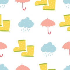 cute cartoon seamless vector pattern with yellow rubber boots, umbrella and raining background. Endless backdrop with rainly weather, textile fabric or wrapping paper. Decorative doodle wallpaper.