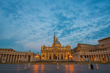 Fototapeta na wymiar Illuminated Vatican City in Dusk in Rome, Lazio in Italy.