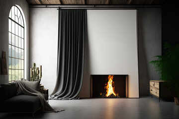 Canvas mockup in modern loft with burning fireplace,. Generative AI