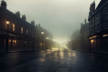 AI generated image of Victorian London on a moody evening with gas-lights, fog and cobble-stone streets. Generative AI