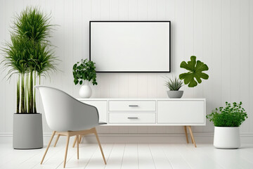 Modern living room mockup with white wall, table, and monitor. table, plants, and Scandinavian-style white walls and furniture. repetition. Generative AI