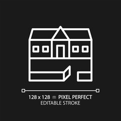 Ranch house pixel perfect white linear icon for dark theme. Single story building. Architecture style. Farmland. Real estate. Thin line illustration. Isolated symbol for night mode. Editable stroke