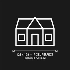 Cottage pixel perfect white linear icon for dark theme. Countryside home for recreation. Real estate. Rural house purchase. Thin line illustration. Isolated symbol for night mode. Editable stroke
